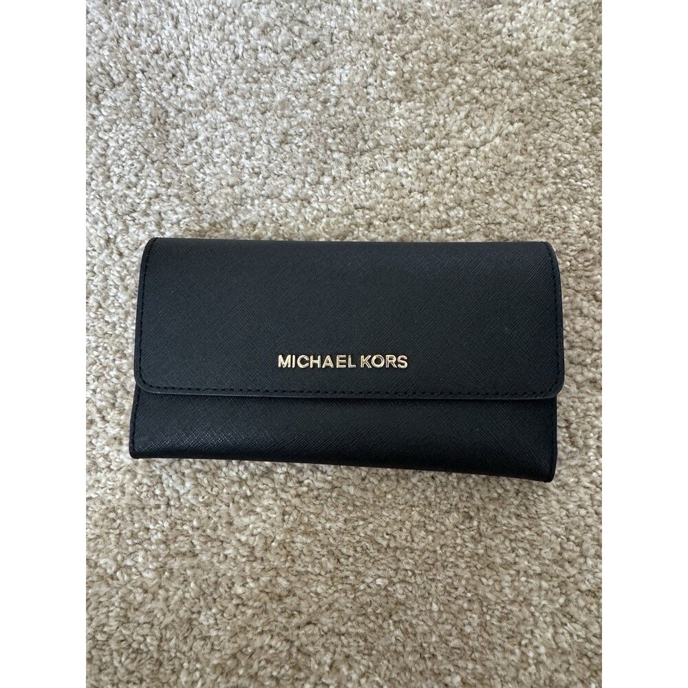 Michael Kors Black Leather Trifold Wallet Women's Credit Card ID Window Compact